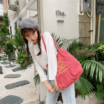 

Retro Women Corduroy Shopping Handbags Student Casual Cartoon Bear Shoulder Bag Shoulder Tote Bucket for Girl Gift