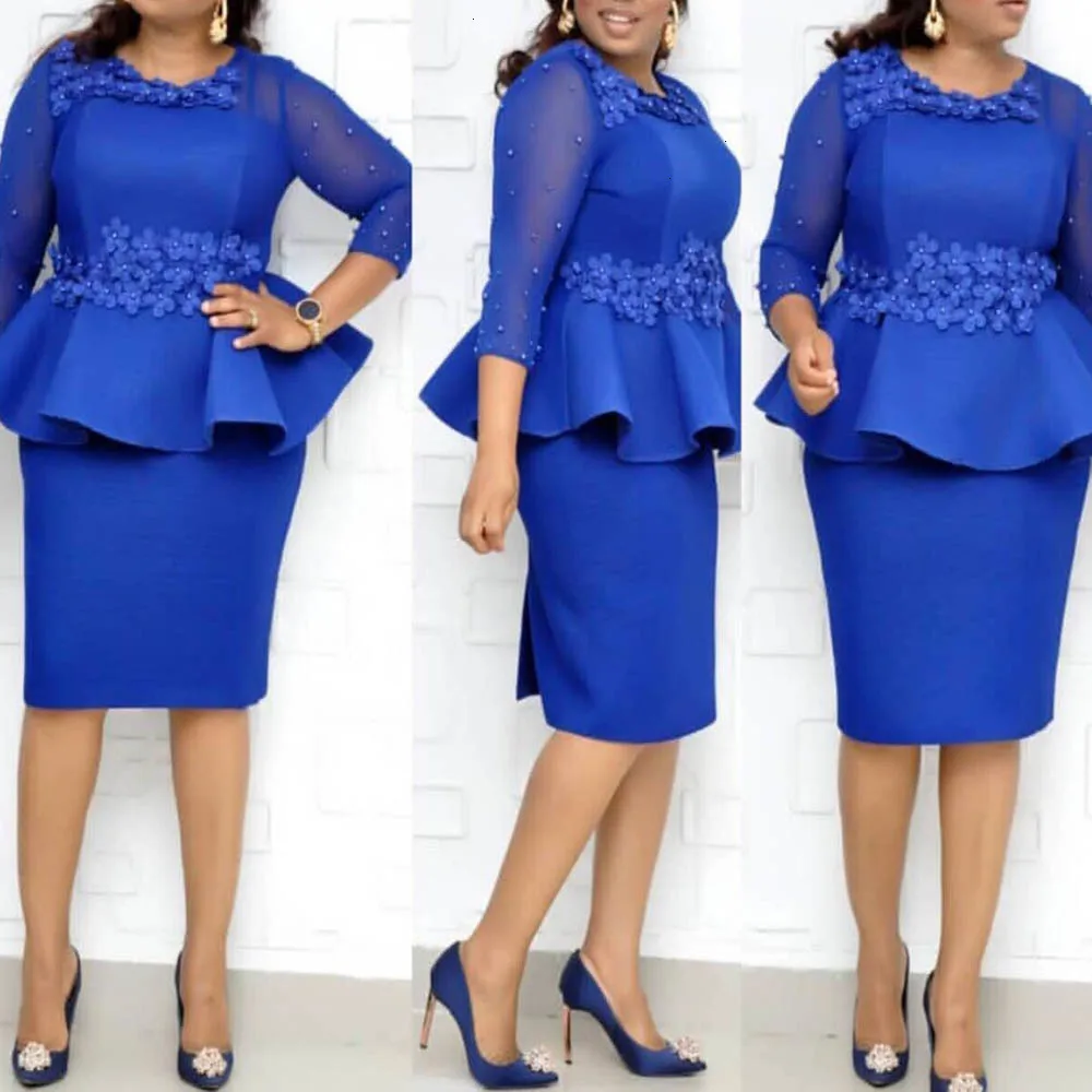 

Elegant Office Dress Women Fall Rose Beading Mesh Patchwork Plus Size Long Dresses Ladies Causal Maxi Vestidos Blue/White 3XL