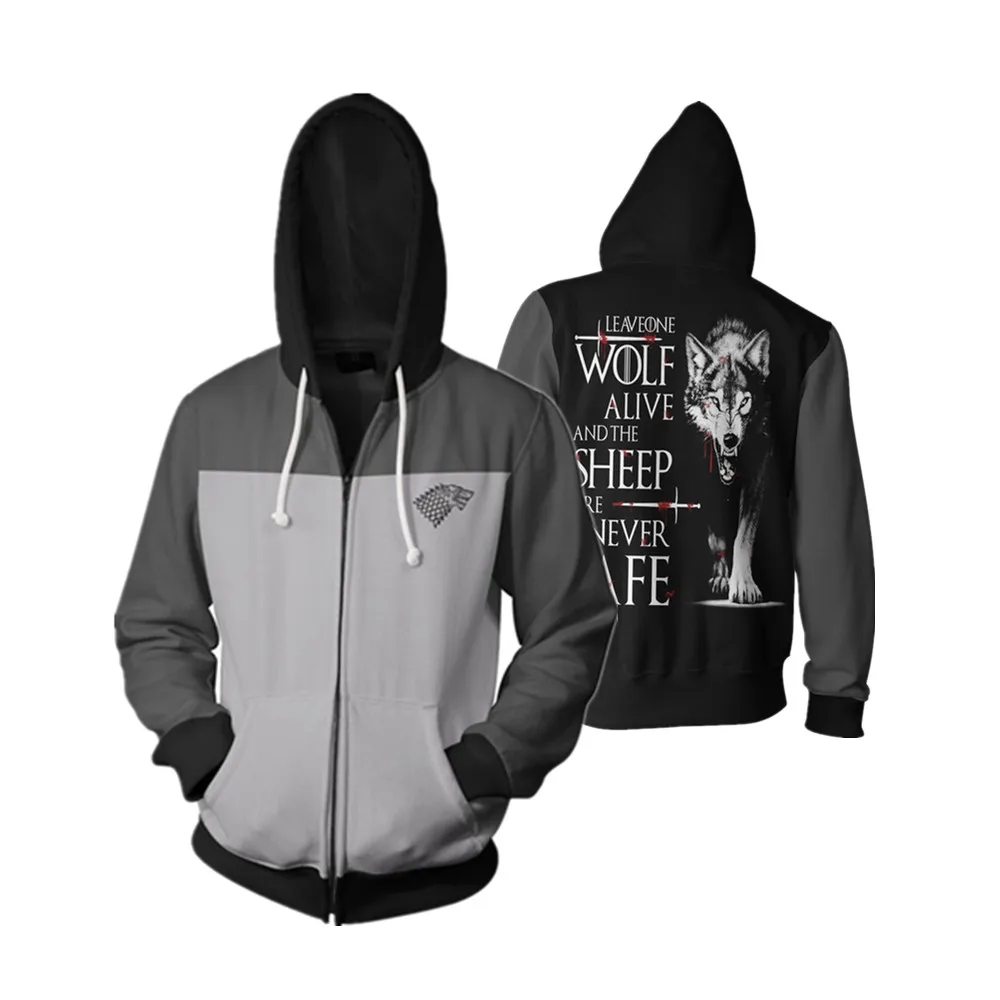 Game of Thrones Zipper Dragon Wolf Cool Printing Zipper Hoodies Cosplay Costumes Hoodie Man Tracksuit Casual Sportswear