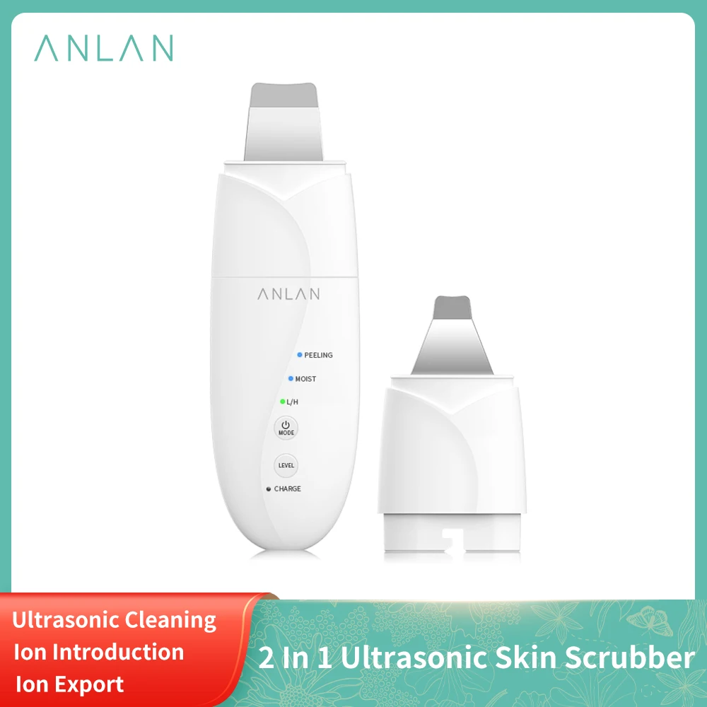 ANLAN 2 In 1 Ultrasonic Skin Scrubber Ion Deep Face Ultrasonic Cleaning Remove Acne Blackheads Replaceable Head Peeling Shovel