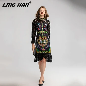 

LINGHAN Vintage Lace Patchwork Pencil Dress Women's Elegant Printed Flare Sleeve Dresses Designer Spring Summer New