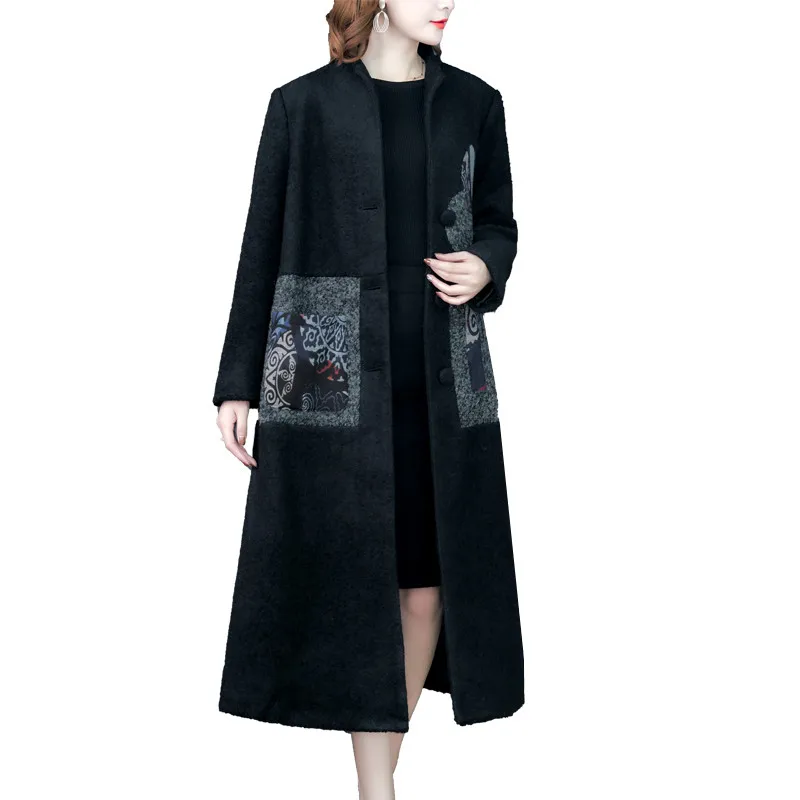 Осень-зима большой Размеры Национальный стиль шерстяные пальто свободного кроя, с бархатной подкладкой плотная Для женщин длинный плащ пальто V1206