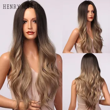 

HENRY MARGU Long Ombre Dark Brown Synthetic Hair Wigs for Women Middle Part Wavy Cosplay Wigs Heat Resistant Natural Hair Wig