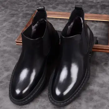 

Ankle Men Leather Boots Winter Leather Cotton Boots Short Boots Black Brown Work Shoes Pointed Toe Genuine Leather Cow Leather