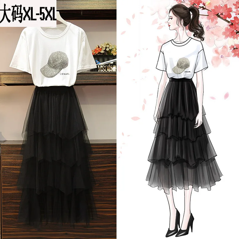 

Large Size Dress 2019 Summer New Style Fat Mm Set-Style Diamond Set Hat T-shirt Gauze Skirt Two-Piece Set