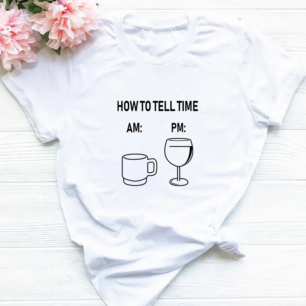 

2QIMU Female T-shirt 100% Cotton Print Coffee Morning Wine Evening Tell The Time Shirt Quirky T Shirt Women Gift For Wine Lover