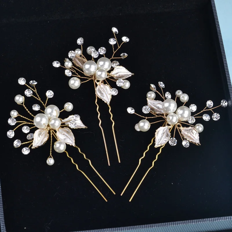 

Korean Style Handmade Beaded Bracelet Bride xiao fa zan Headdress Wedding Decoration Hair Accessories Simple Forkhead Coiled Hai