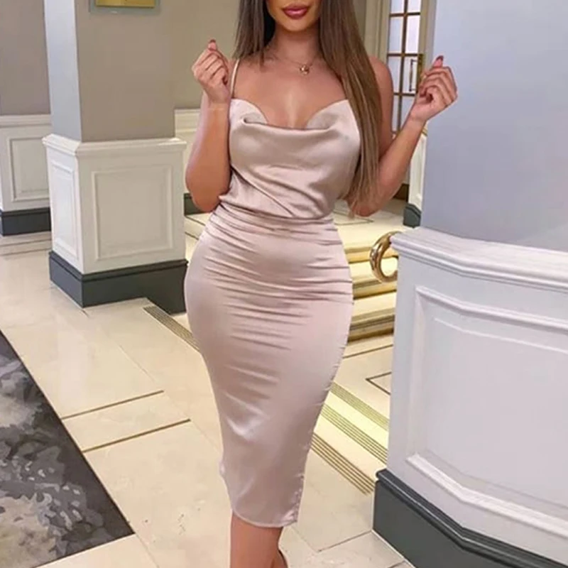 

Sexy Spaghetti Straps Cross Lace Up Backless Midi Satin Dress Cowl Neck Slinky Slip Club Party Dress Slim Fit Bodycon Dress Lady