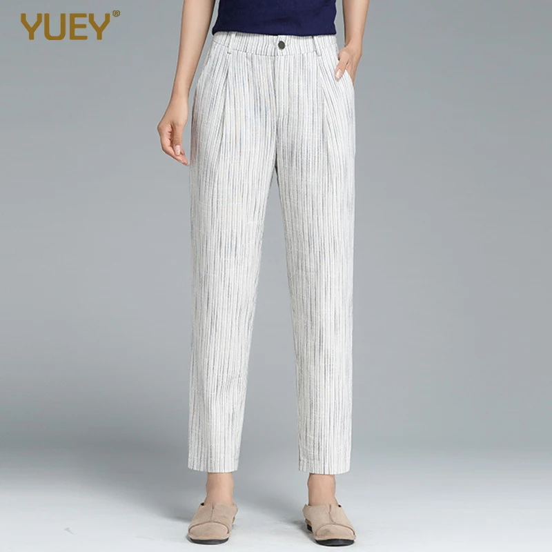 Женские полосатые укороченные брюки до щиколотки с эластичным поясом женские