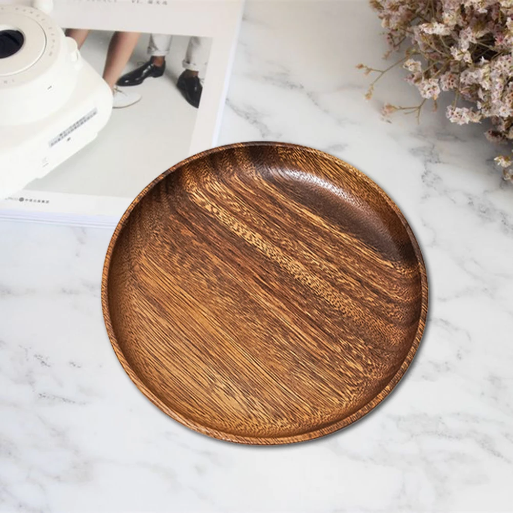 Wood Hand-made Acacia Dinner Plates Unbreakable Round Wood Plates for Fruits Dishes Snacks Dessert Serving Tray Tableware