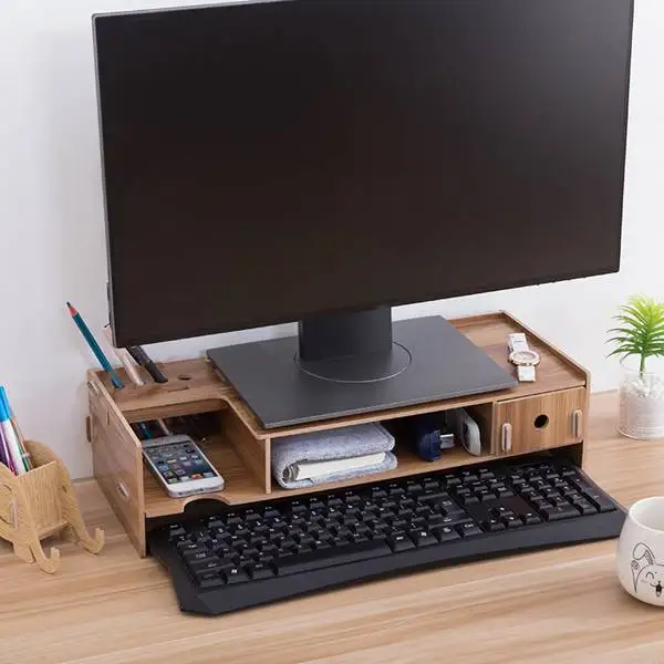  Wooden Monitor Stand Riser Computer Desk Organizer with Keyboard Mouse Storage Slots for Office Sup