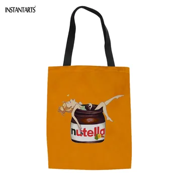 

INSTANTARTS New Girls Cute Cartoon Print Nutella Women Linen Tote Bag Casual Shopping Bags Folding Eco Handbag Travel Beachbag