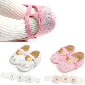 

New Sweet Newborn Baby Girl Floral Embroidery Soft Crib Shoes Infants Anti-slip Sneaker Prewalker + Flower Headband Prewalker