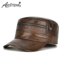 [AETRENDS] Зима натуральная кожа военные шапки для мужчин плоская тёплая шапка с ушками Z-10097
