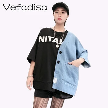 

Vefadisa Summer 2020 Newest T-shirt Girl Short Sleeve Cowboy Splice T-shirt Letter Button Irregular T-shirt Loose LHX026