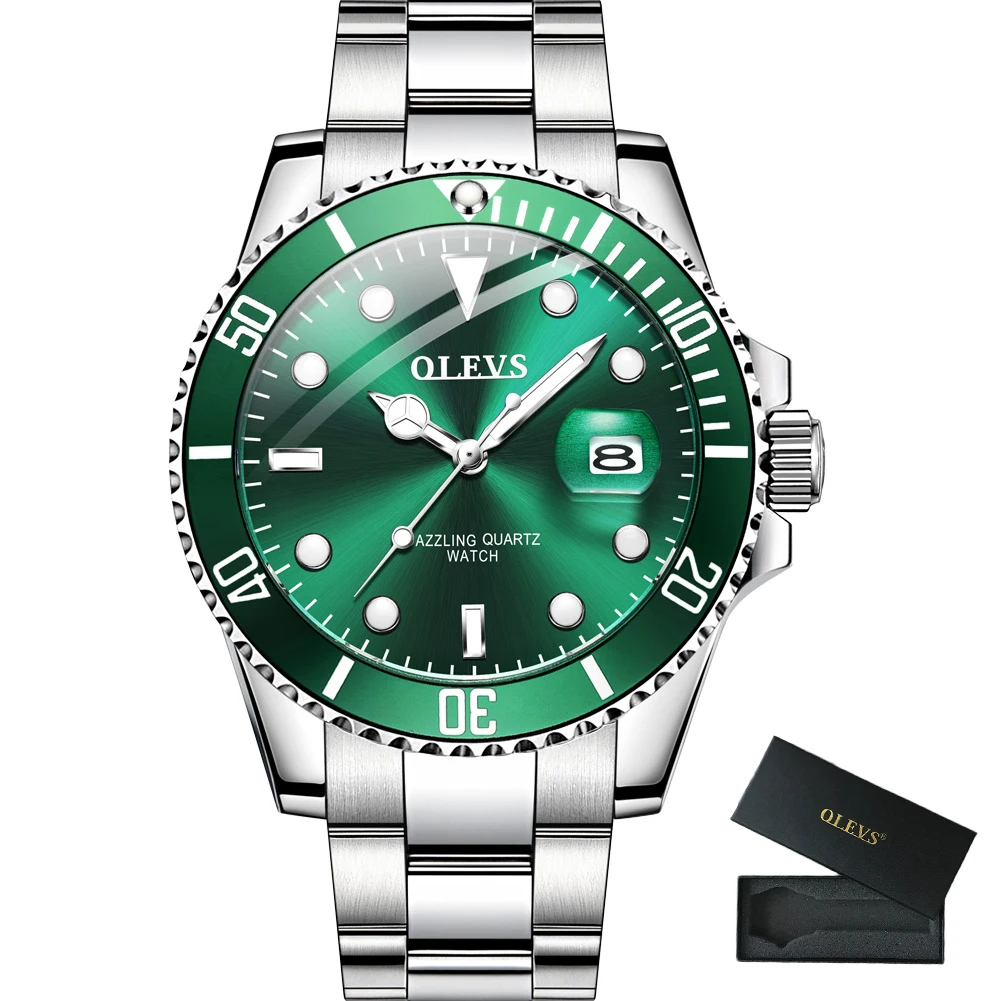 

OLEVS Men Watch Luxury Brand Auto Date Sport Smart Green Dial Quartz Waterproof Luminous Stainless Steel Wristwatch Mesh Swim