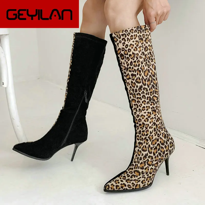 

Women Faux Suede Thin Heel Knee High Boots Fashion Zipper Leopard Boots Ladies Pointed Toe Autumn Winter Shoes Yellow Red