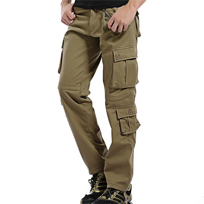 Kaufen Winter Warme Fleece Hosen Herren Dicke Chinos Cargo Hosen Viele Tasche Baggy Arbeit Militärische Overalls Männlichen Hose Männer Kleidung 2019
