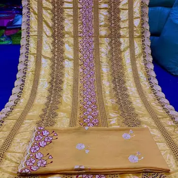 

5Yards African Bazin Riche Brode with Stones Embroidered Bazin Brocade Jacquard Fabric+2Yards Chiffon Lace 30