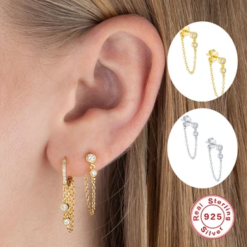 

CANNER S925 Sterling Silver Luxury Bling Crystal Hiphop Gothic Punk European Stud Earrings Chain for Women Party Fine Jewelry