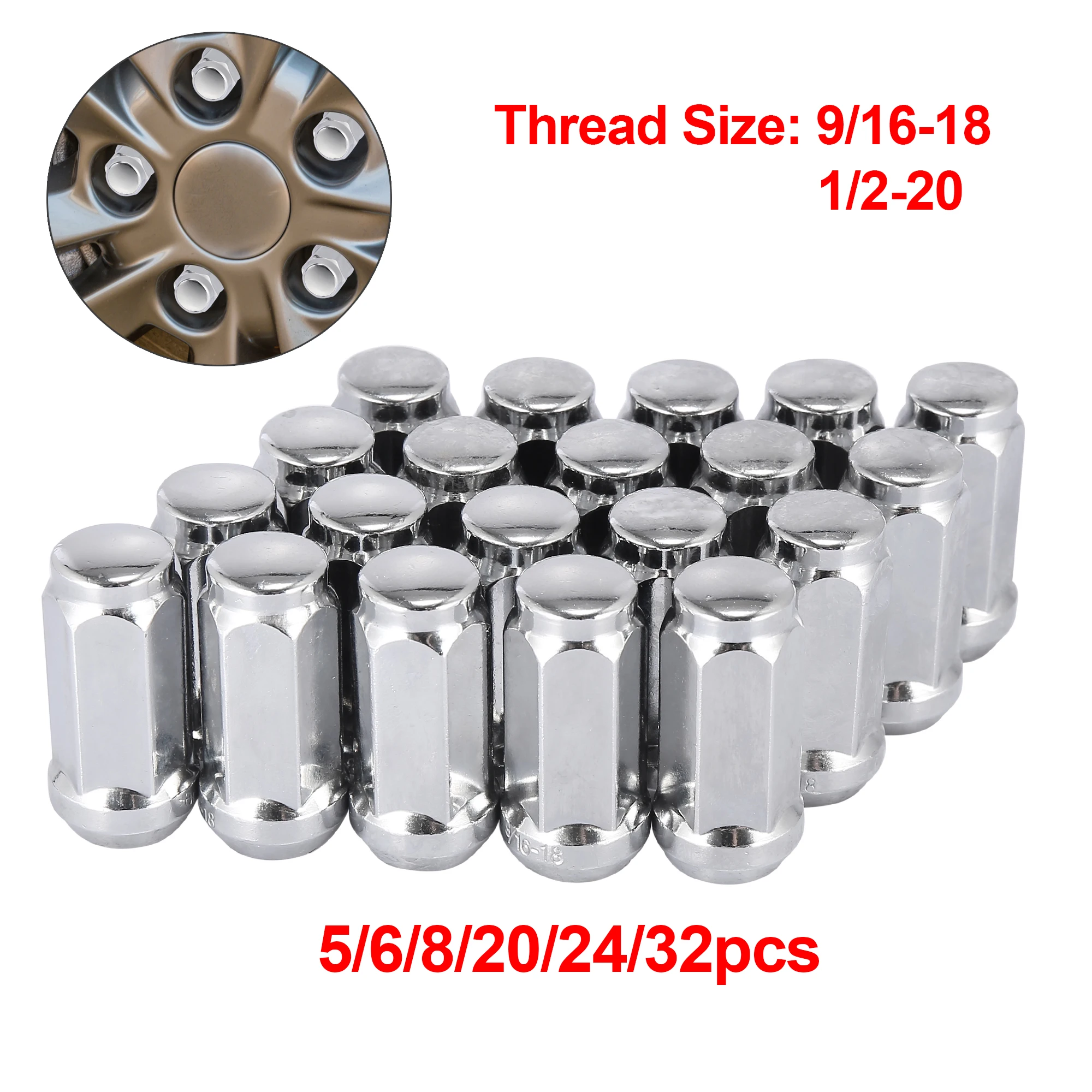 X Autohaux 1/2-20/ 9/16-18 Wheel Lug Nuts Cone Chrome Closed End Screw  Studs 1.9 Inch Length 3/4