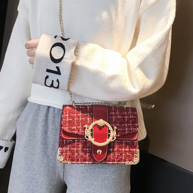 Новая женская сумка для девочек винтажная универсальная шерстяная сумка через плечо Маленькая квадратная сумка с магнитной пряжкой