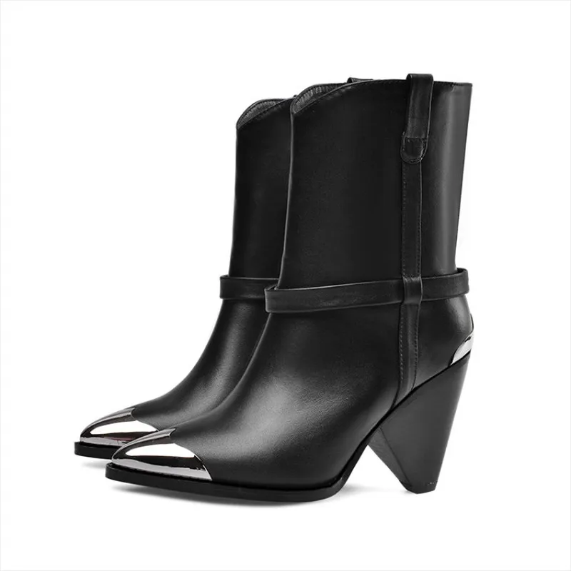 

US4-11 Womens Ankle Boots Pointed Toe Cone Spike Heel Occident Riding Genuine Leather Shoes Snake Pattern Plus Size 3Colors