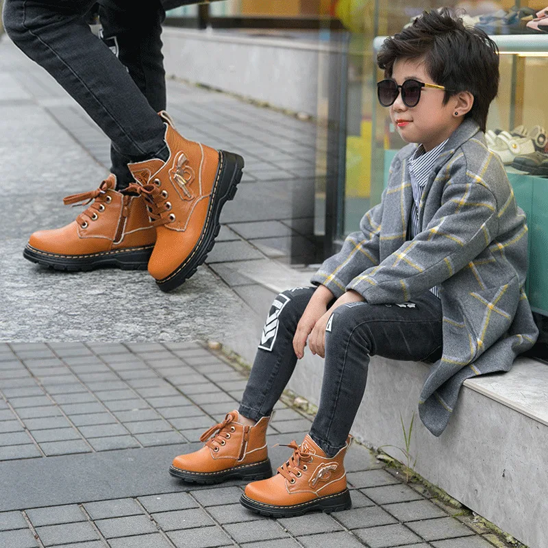 Зимние ботинки для мальчиков; детская обувь; ботинки из натуральной кожи; Модные Ботинки martin; Плюшевые Теплые ботильоны; повседневные Нескользящие кроссовки