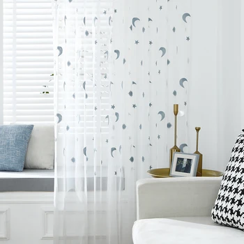 

3 Sizes Moon Star Sun Embroidered Curtains Gauze Tulle Sheer Voile Valance Window Screening For Living Room Home Decor D30