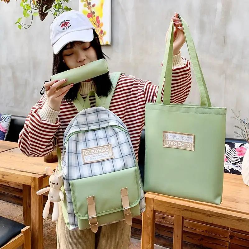 

3 Set Backpack Women Canvas Solid Color For Teenage Girls Plaid Pattern Casual Simple School Student Rucksack Travel Backpack
