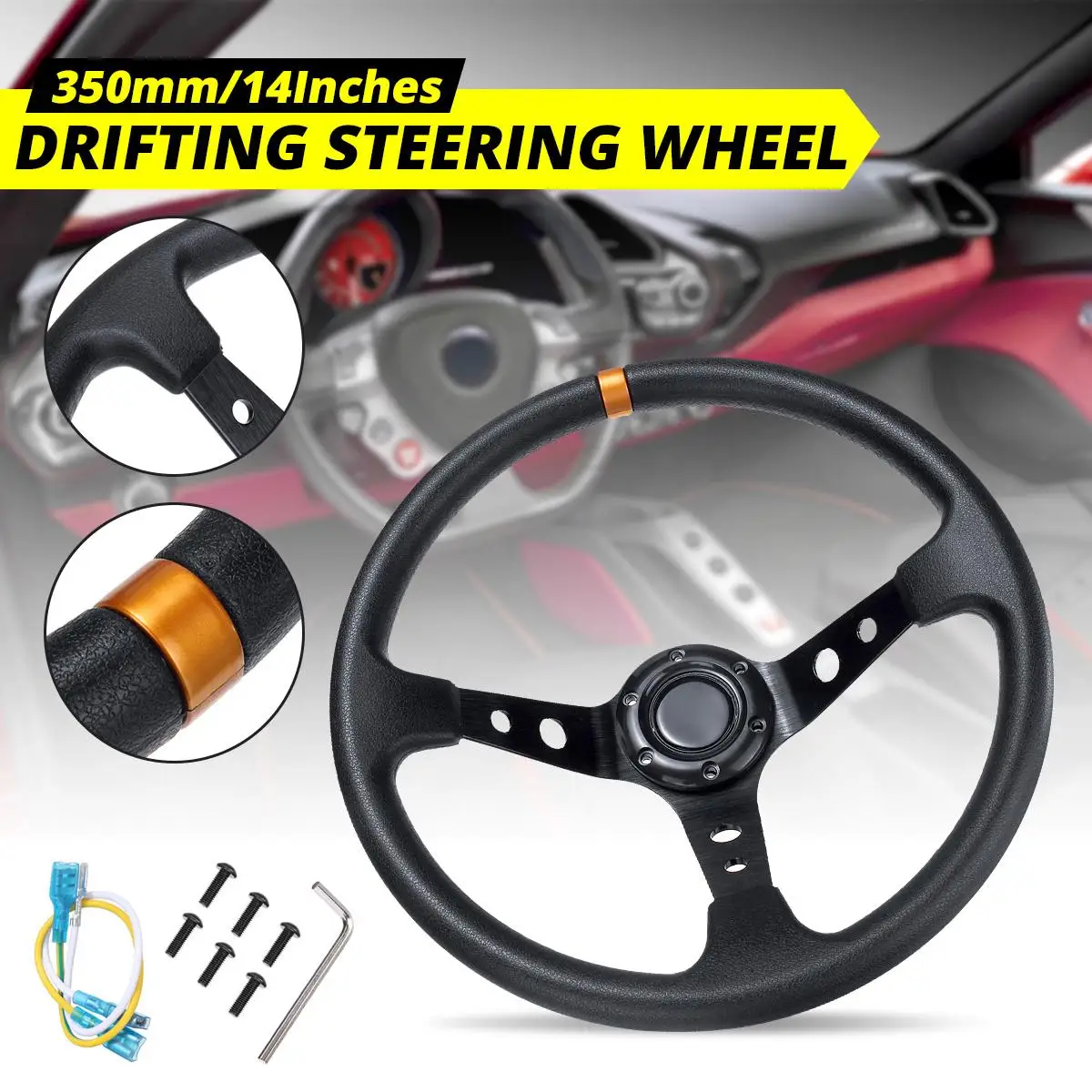 Steering Wheel,350mm/14in Racing Car Sport Steering Wheel Deep Dish 6 Bolts Universal Modified Accessory black 