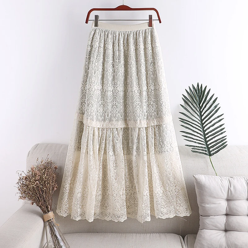 

Women Crocheted Long Maxi Skirts Ladies High Waist Ankle-Length Tutu Skirts Female Hook Flower Lace Skirt Faldas Jupe Femme