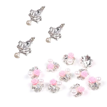 

10 Pcs 3D Nail Art with Rhinestone and Pink Artificial Pearl Slices Glitters & 10Pcs 3D Silver Crown Crystal Rhinestone Alloy DI