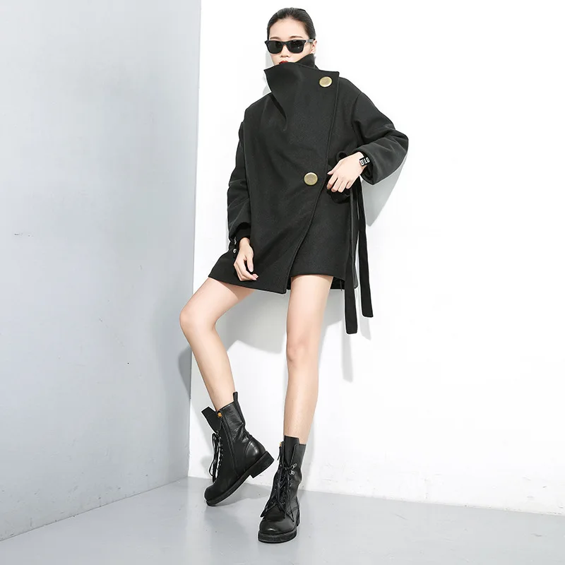 LANMREM зимнее Новое индивидуальное черное шерстяное пальто для женщин, индивидуальное теплое пальто с высоким воротником и завязками PB891