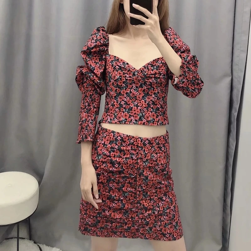 Flower Printingt Square Collar Women Slim Shirt Crop Tops Autumn Leisure Lady Puff Sleeve Blouse S6569