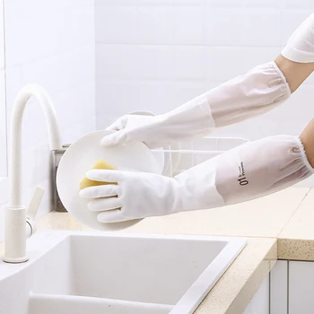 

Two pairs of fluffy dishwashing gloves, waterproof and thickened rubber sleeve, cleaning the kitchen for men and women