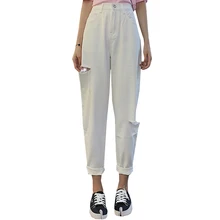 Loyalget хлопковые белые джинсы для Для женщин Высокая Талия штаны-шаровары джинсы в винтажном стиле плюс Размеры отверстие джинсовые, длиной до колена штаны Мода для Для женщин джинсы