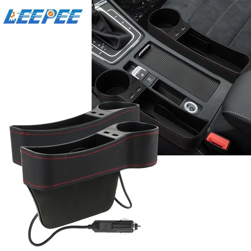 Car Organizer Auto Crevice Pocket Dual USB Charger Phone Bottle Cups Holder Seat Gap Slit Leather Storage Box Car Accessories