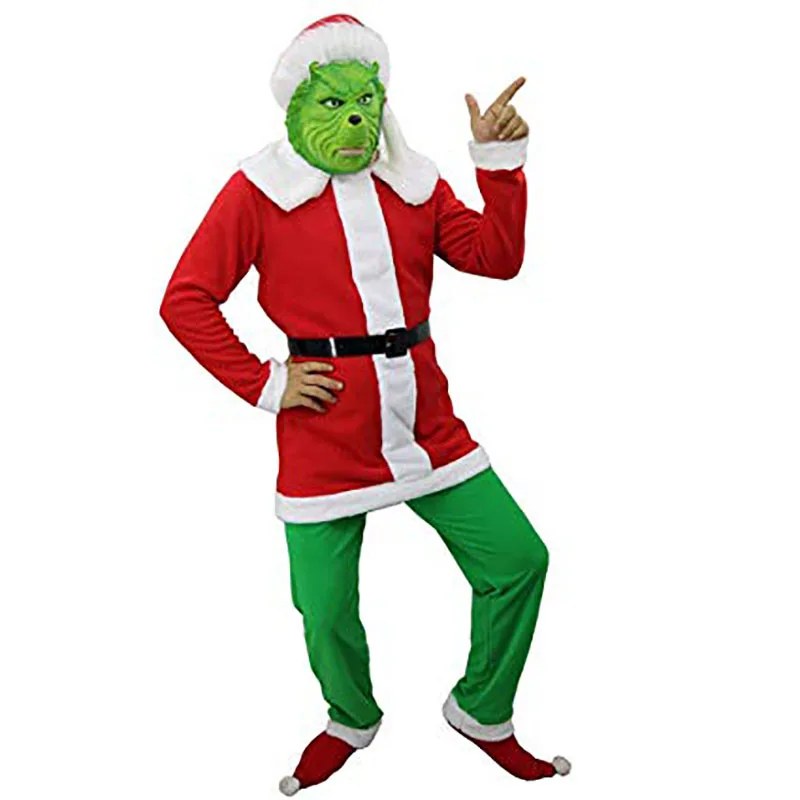 Рождественский костюм Grinch, Рождественский костюм для взрослых, костюмы для Хэллоуина, Санта-Клауса, забавный флисовый наряд для мужчин с маской
