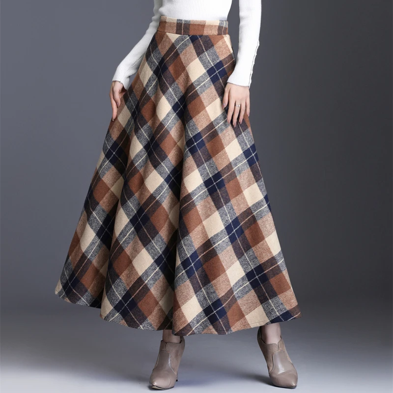 Falda larga a cuadros para mujer, falda de lana gruesa y cálida, elegante, de cintura alta, informal, a otoño e invierno, 2023|Faldas| - AliExpress