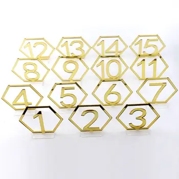 

1-15 Hexagon Table Seat Signs Numbers Gold Acrylic Mirror for Engagement Wedding H4GD