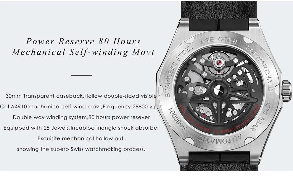 AGELOCER механические часы для мужчин наручные для мужчин s часы Швейцарский запас хода 80H роскошные черные часы с скелетом часы мужские Relogio Masculino