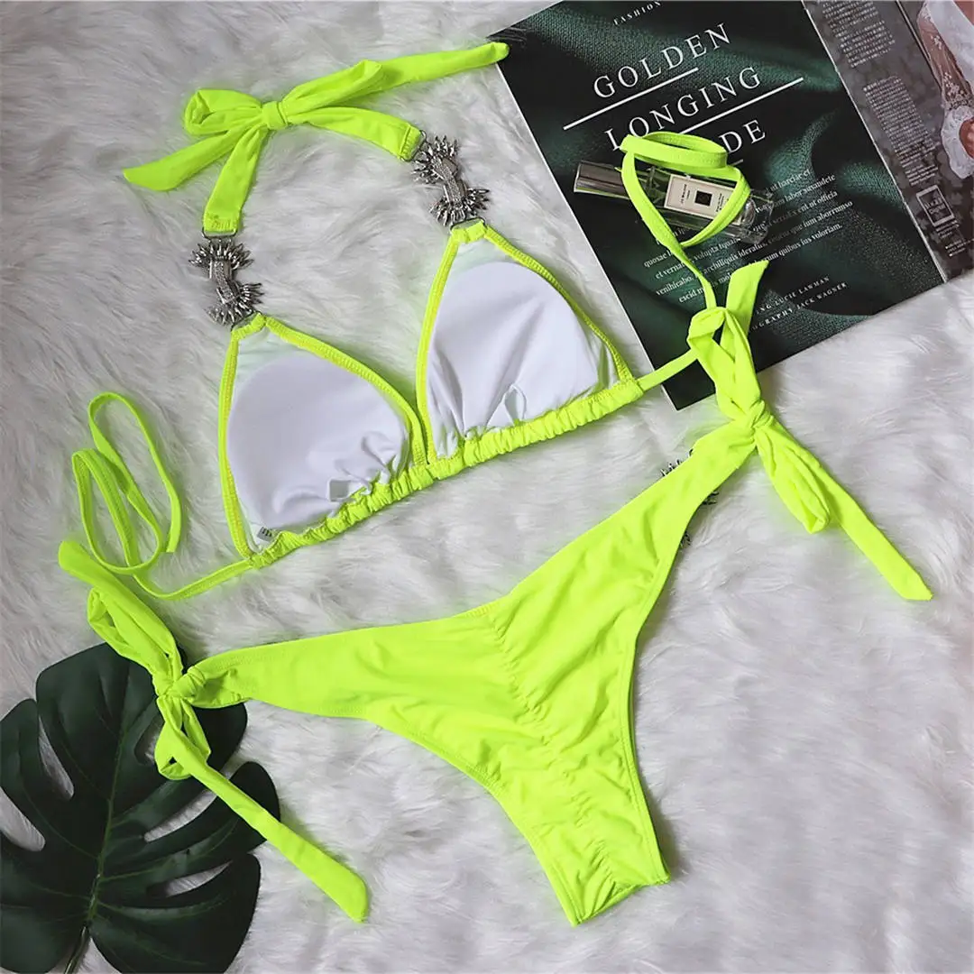 Sexy Shiny Jewel Halter Bikini Female Swimsuit Women Swimwear Two-piece Bikini set Luxury Diamond Bather Bathing Suit Swim V2451