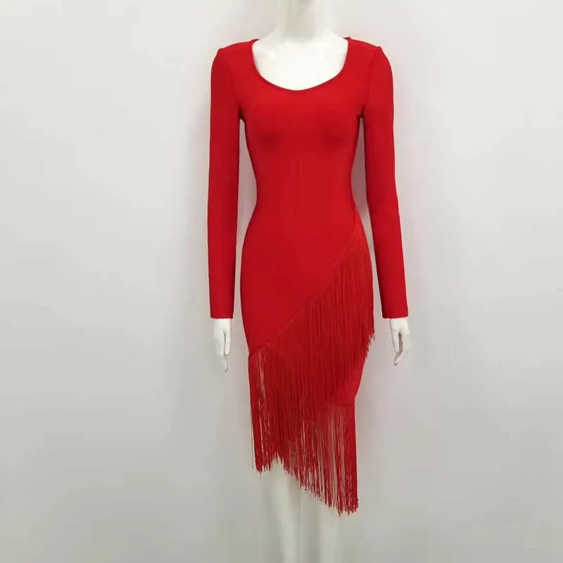 Осеннее и зимнее новое женское платье, черное, красное, с длинным рукавом, с кисточками, для отдыха, знаменитостей, коктейльное, вечерние, Бандажное платье - Цвет: Красный