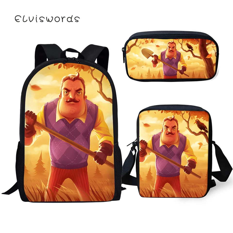 ELVISWORDS детский школьный рюкзак Hello Neighbor с печатным рисунком школьные сумки для книг с персонажами из мультфильмов для маленьких животных, комплект одежды из 3 предметов студенческие сумки