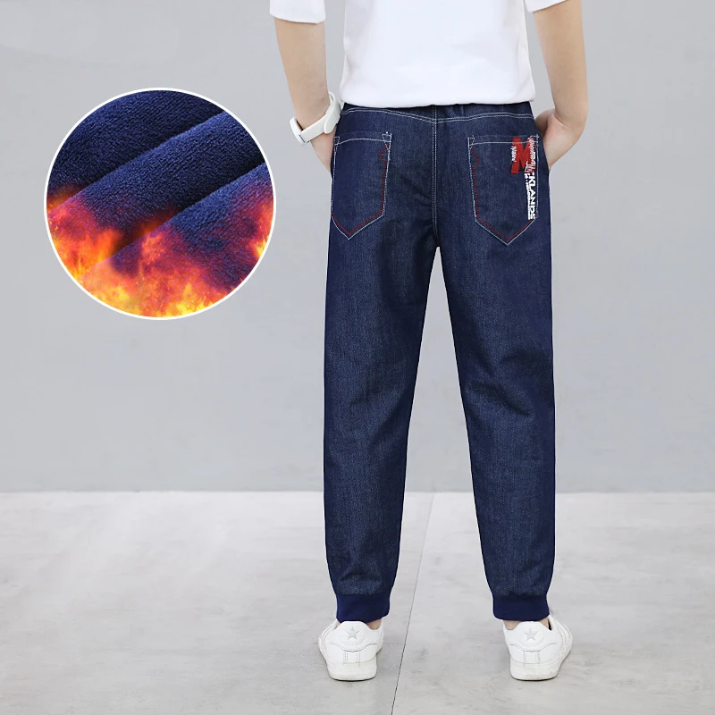 

Children Jeans Winter Warm Add Wool Casual Solid Color Denim Pants Plus Velvet Blue Trousers for Big Kids Teen Boys Clothes 16y
