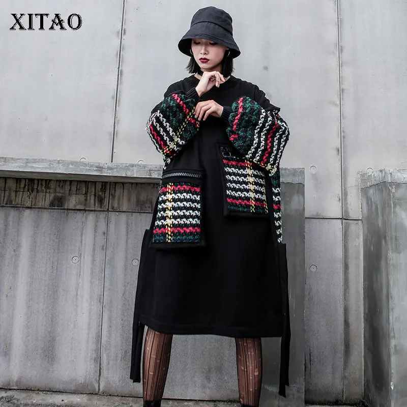 XITAO вязаное асимметричное платье миди женское Модное Новое 20109 осеннее элегантное платье с карманами плюс размер лоскутное карманное платье WLD2820