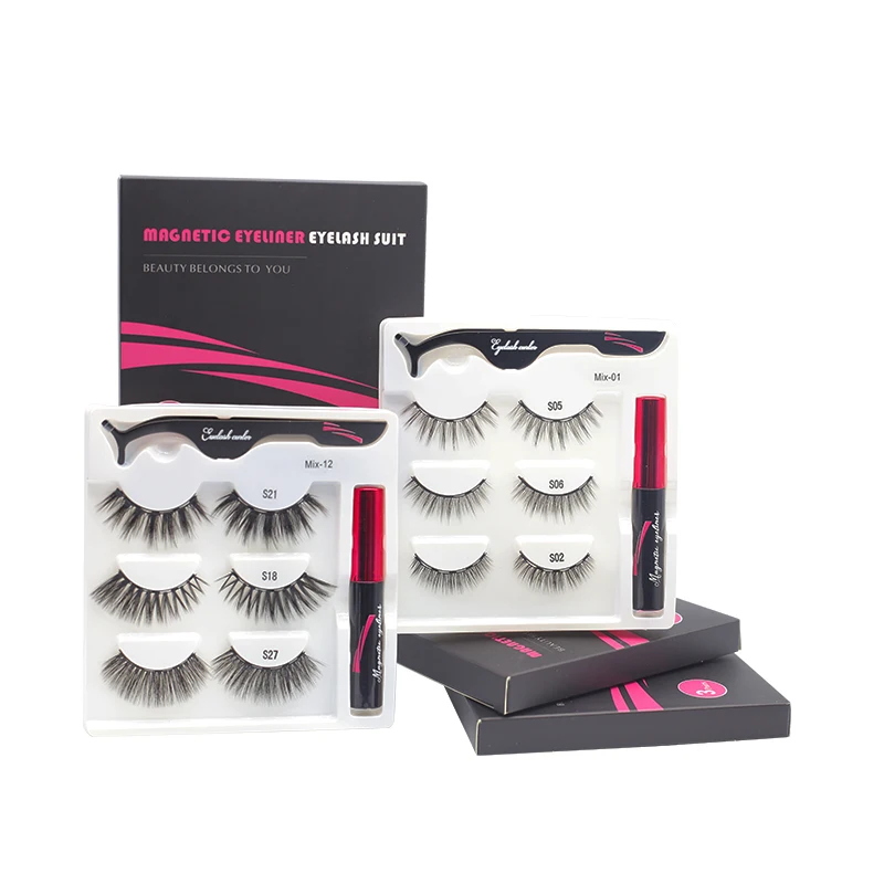 

3 Pairs/Set Magnetic Eyelashes False Lashes Makeup Eyelashes Set With Waterproof Liquid Eyeliner And Tweezer