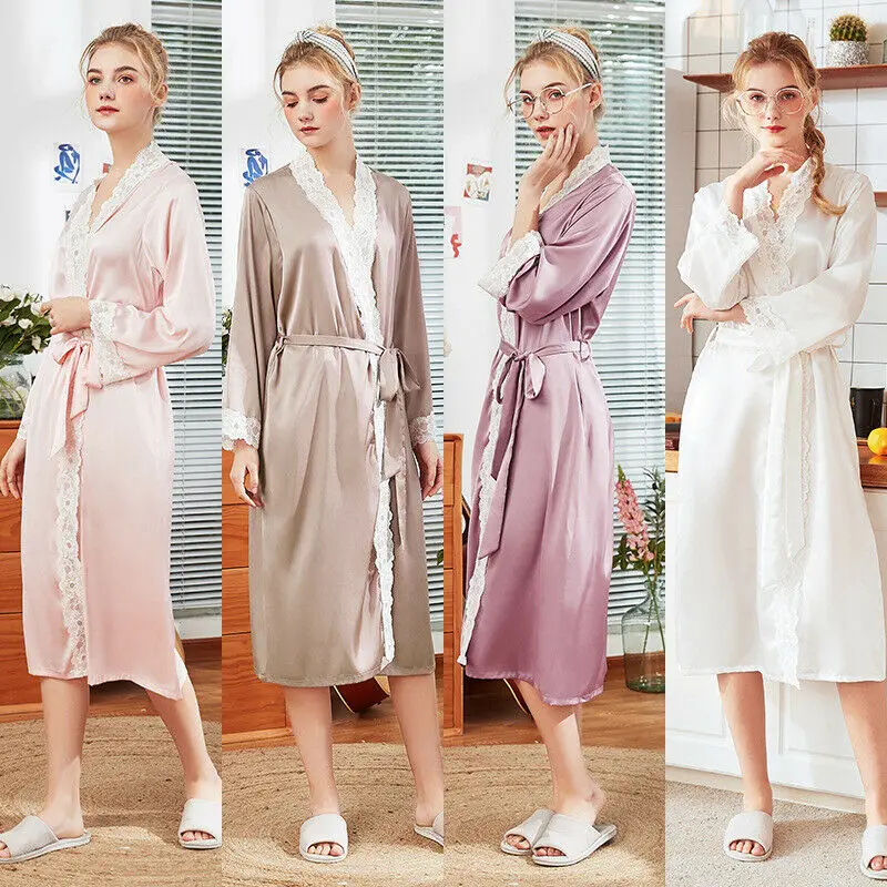 

YUXINBRIDAL 2019 New New Stain Silk Lace Women Robes Long Silk Robes Long-sleeved Gowns Blush White