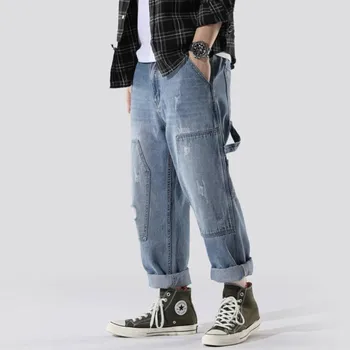 

2020 Spring Autumn Men's Japanese Multi-pocket Jeans Fashion Solid Color Overalls Hip Hop Streetwear Joggers Denim trousers w677